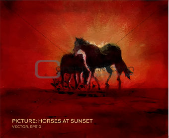 Horses at sunset, oil painting on silk in vector form