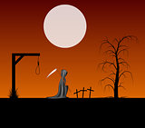 Spooky background with grim reaper with scythe in a cemetery