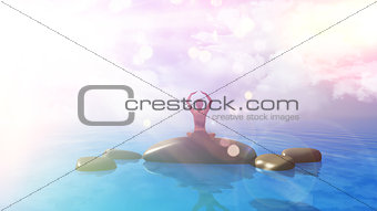 3D female in yoga position in ocean with retro effect