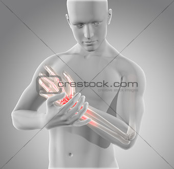 3D male figure holding wrist in pain