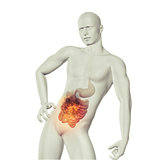 3D male medical figure with fire effect in stomach with exposed 