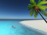 3D render of a turtle in  the sea palm tree beach