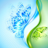 Abstract wave blue green background with butterfly