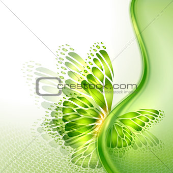 Abstract wave green background with butterfly