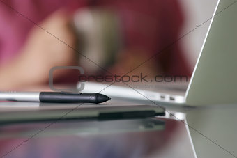 Designer Using Grafic Tablet And Laptop Takes Coffe Break 