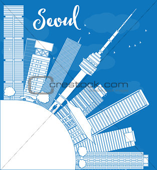 Outline Seoul skyline with blue building and copy space