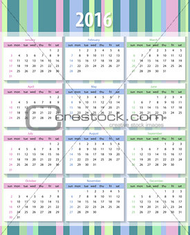 Calendar 2016 starting from sunday
