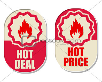 hot deal and hot price with flames signs, two elliptical labels