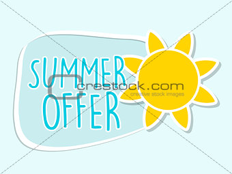 summer offer with yellow sun sign, blue flat design label
