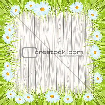 Spring vector background with wooden sign , Grass and flower