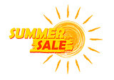 summer sale with sun sign, yellow and orange drawn label