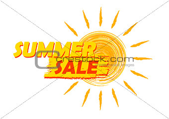 summer sale with sun sign, yellow and orange drawn label
