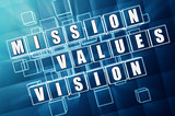 mission, values, vision in blue glass blocks