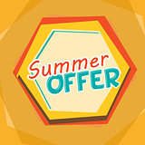 summer offer, yellow, orange and blue cartoon drawn label