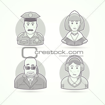 Police officer, maid, body guard, call operator icons. Avatar and person illustrations. Flat black and white outlined style.