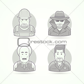 Worker, spy, musician and suit man icons. Avatar and person illustrations. Flat black and white outlined style.