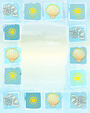 summer frame background with suns, shells and scallops in square