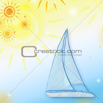 summer background with yellow suns and blue boat