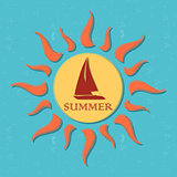 retro summer label with sun, rays and boat