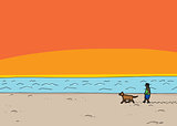 Walking Dog at Beach Sunset