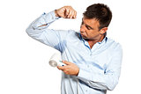 one man sweat stain perspire drying shirt