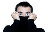 shy man surprised anonymous hiding behind his pull over