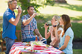 Happy friends drinking at the park