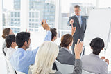 Business people raising their arms during meeting