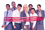 Unhappy business people surrounding by red strip