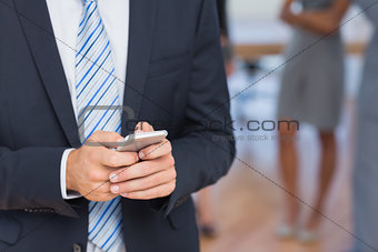 Businessman texting with colleagues behind him