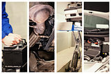 Composite image of mechanic changing car battery