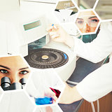 Composite image of portrait of science students doing an experiment