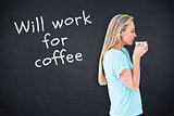 Composite image of pretty blonde standing and holding hot beverage