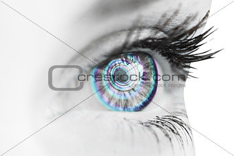 Composite image of close up of female blue eye
