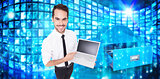 Composite image of smiling businessman pointing his laptop