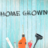 Home grown against tools on wooden background