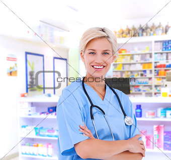 Composite image of blonde doctor smiling at camera
