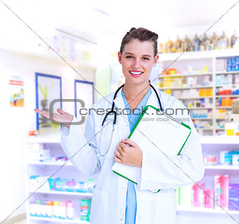 Composite image of doctor holding clipboard and presenting with her hand