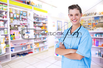 Composite image of happy nurse looking at camera with arms crossed