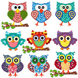 Set of nine ornamental owls