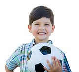 Cute Young Boy Holding Soccer Ball Isolated on White