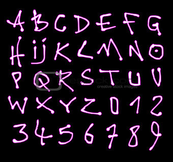 liquid font and number pink neon alphabet over black