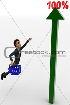 man flying upward towards a 100 percentage static arrow graph concept