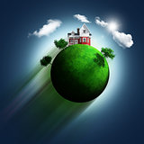 3D grassy globe with house and trees on a blue sky background