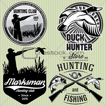 set of patterns with duck, dip, gun, hunter for hunting emblem