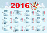 2016 Calendar template. Monkey goes skiing