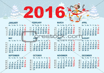 2016 Calendar template. Monkey goes skiing
