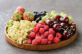 Assorted summer berries (raspberries, strawberries, cherries, currants, gooseberries)