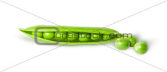Opened green pea pod and peas