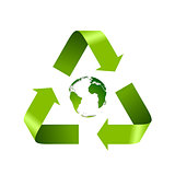 Green recycle logo and globe isolated on white